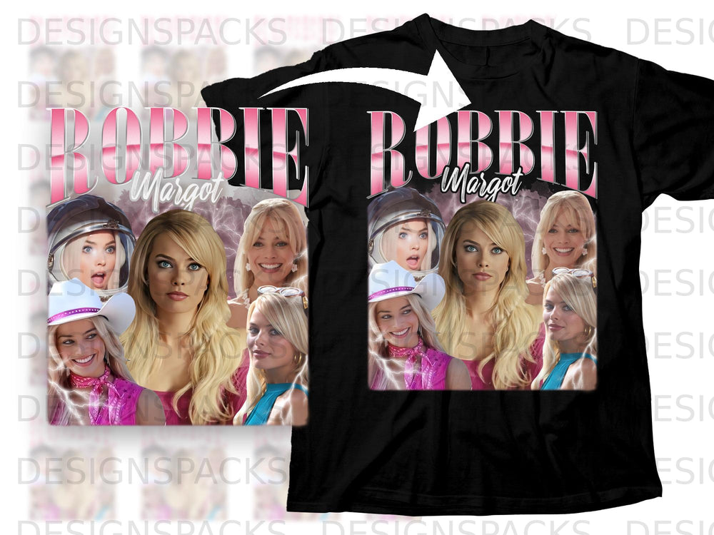 T-shirt featuring "ROBBIE Margot" text with multiple images of Margot Robbie.