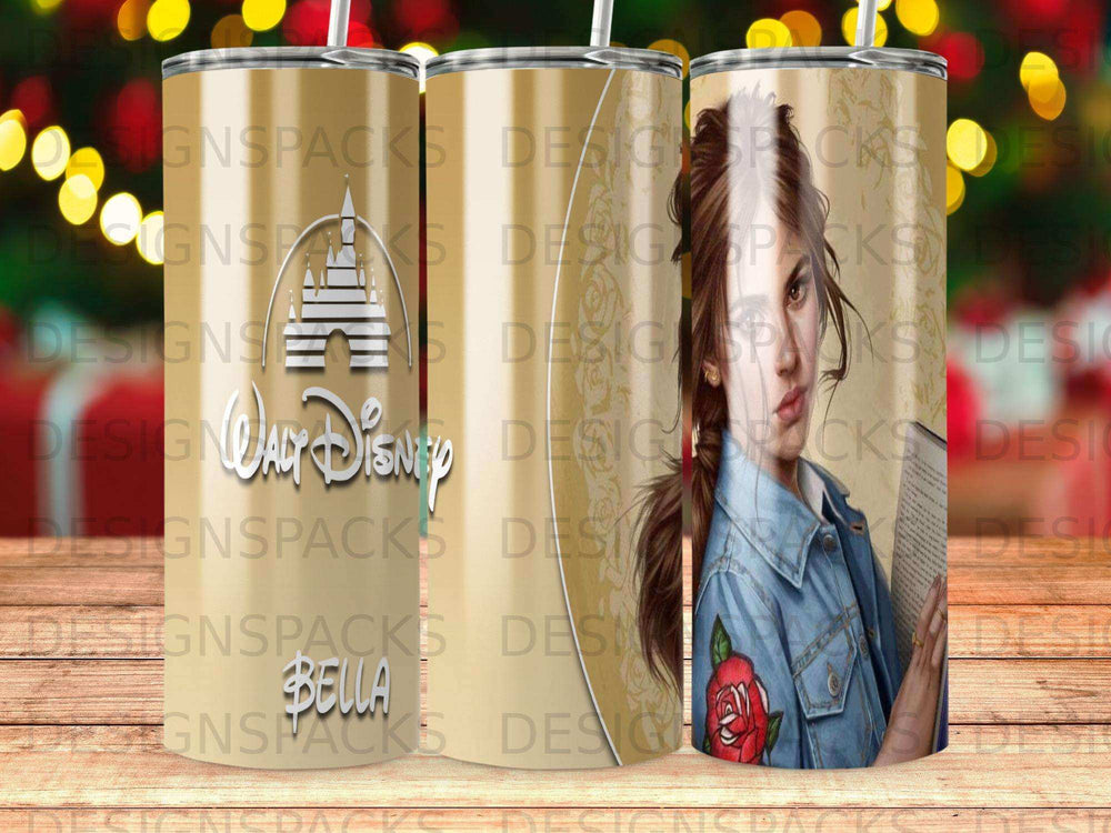 Disney Castle logo and "Bella" on a patterned tumbler.