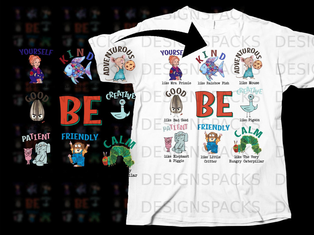 "Be Yourself, Kind, Adventurous, Good, Creative, Patient, Friendly, Calm" with character illustrations.