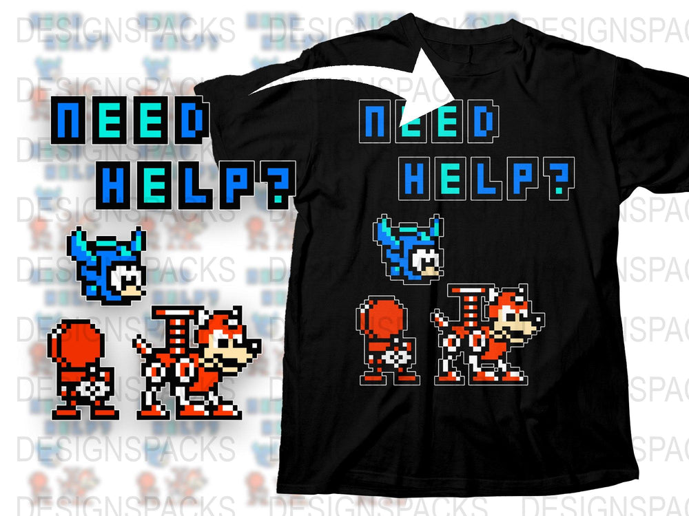 Retro Video Game T-Shirt, Pixel Art Characters, Need Help? Text, Black Tee, Unisex Graphic Shirt