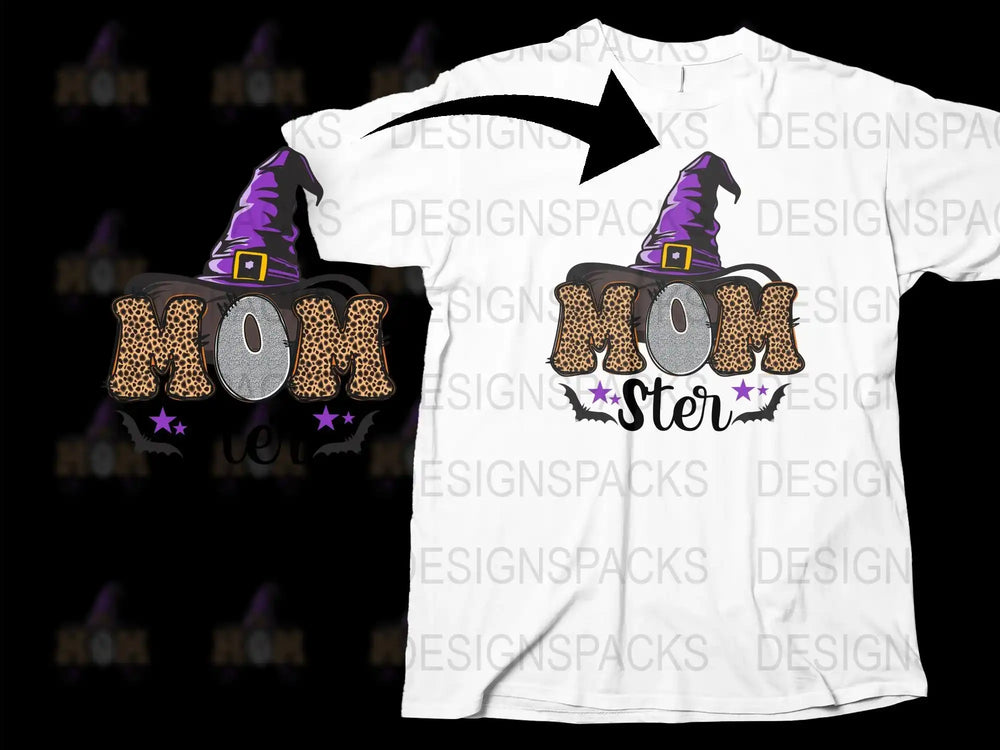 Momster T-Shirt, Funny Halloween Mom Shirt, Witch Hat Graphic Tee, Purple and Black, Women's Fall Fashion Top