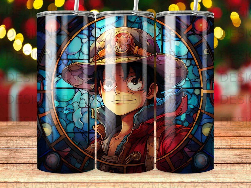 Anime character with stained glass background on a tumbler.