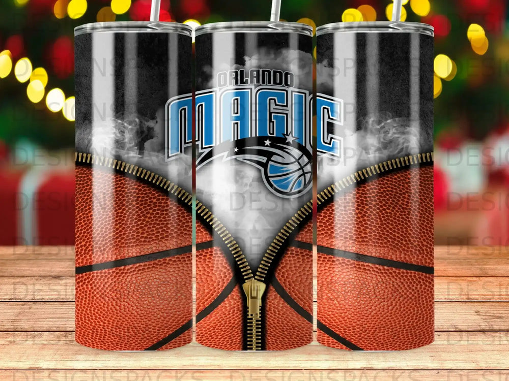 Orlando Magic logo on a basketball patterned tumbler with zipper detail.