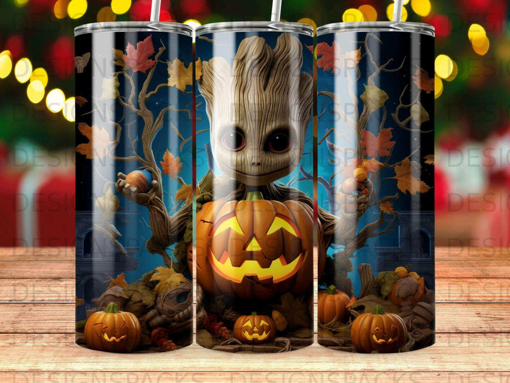 Groot character with a jack-o'-lantern and autumn leaves.