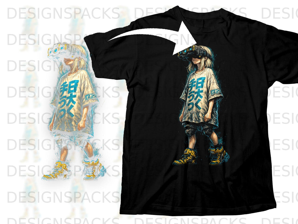 Black t-shirt mockup featuring anime-style character with VR goggles and Japanese text.
