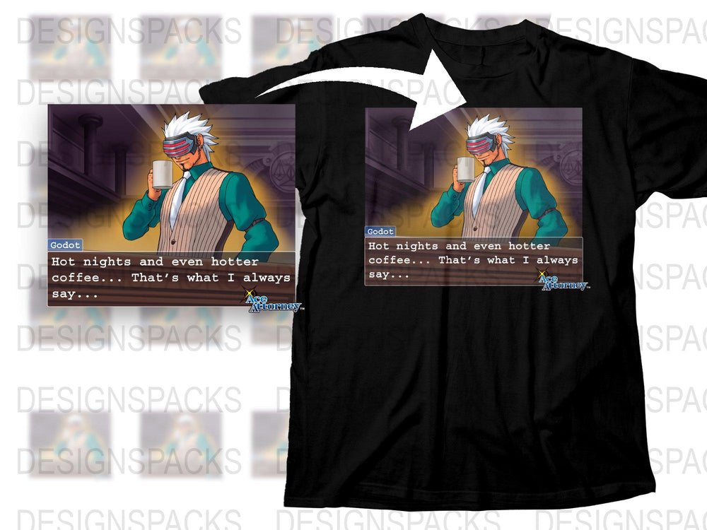 Godot Anime-Inspired T-Shirt, Cool Hot Coffee Quote, Graphic Tee for Gamers, Unique Geeky Apparel