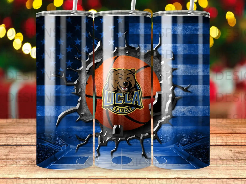 UCLA Bruins basketball logo on a torn American flag background with court.