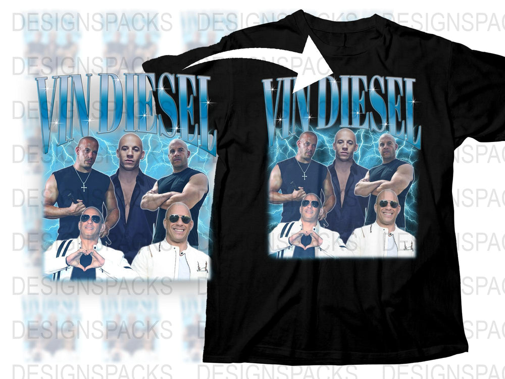 Vin Diesel Movie Star Graphic T-Shirt, Men's Casual Black Tee, Action Film Fan Apparel