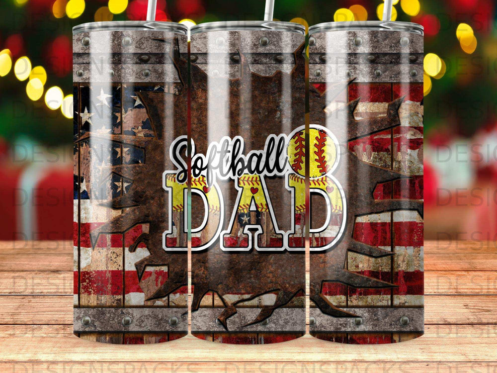 Softball Dad tumbler with distressed American flag and metal textures.