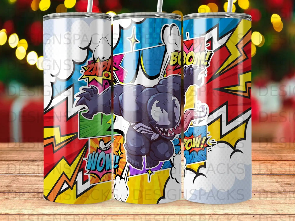 Venom character with comic book sound effects on a tumbler.