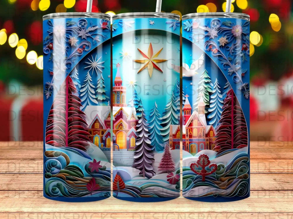 Christmas village scene with stylized trees, houses, and falling snow.