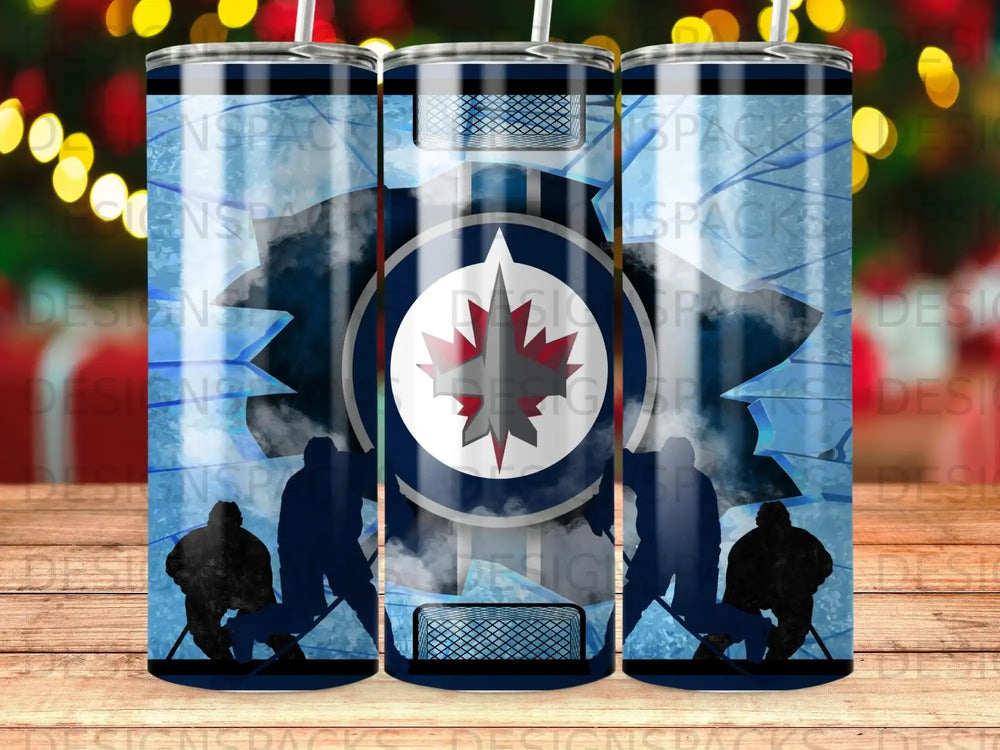 Winnipeg Jets logo with hockey players and net on a blue ice background.