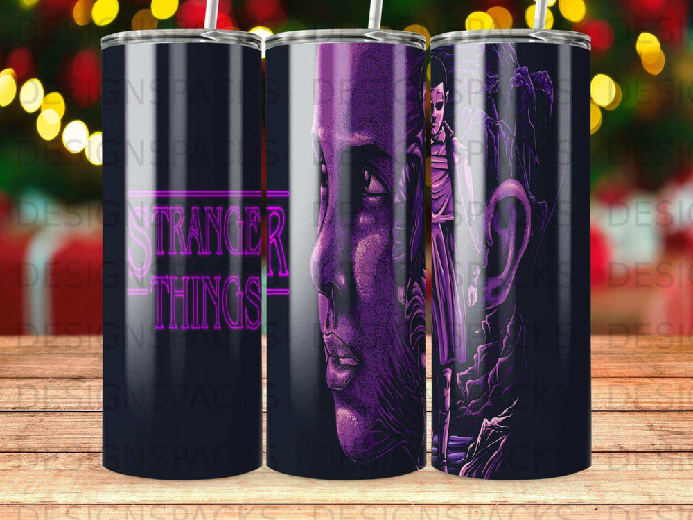 Stranger Things tumbler featuring Eleven and purple Stranger Things text.