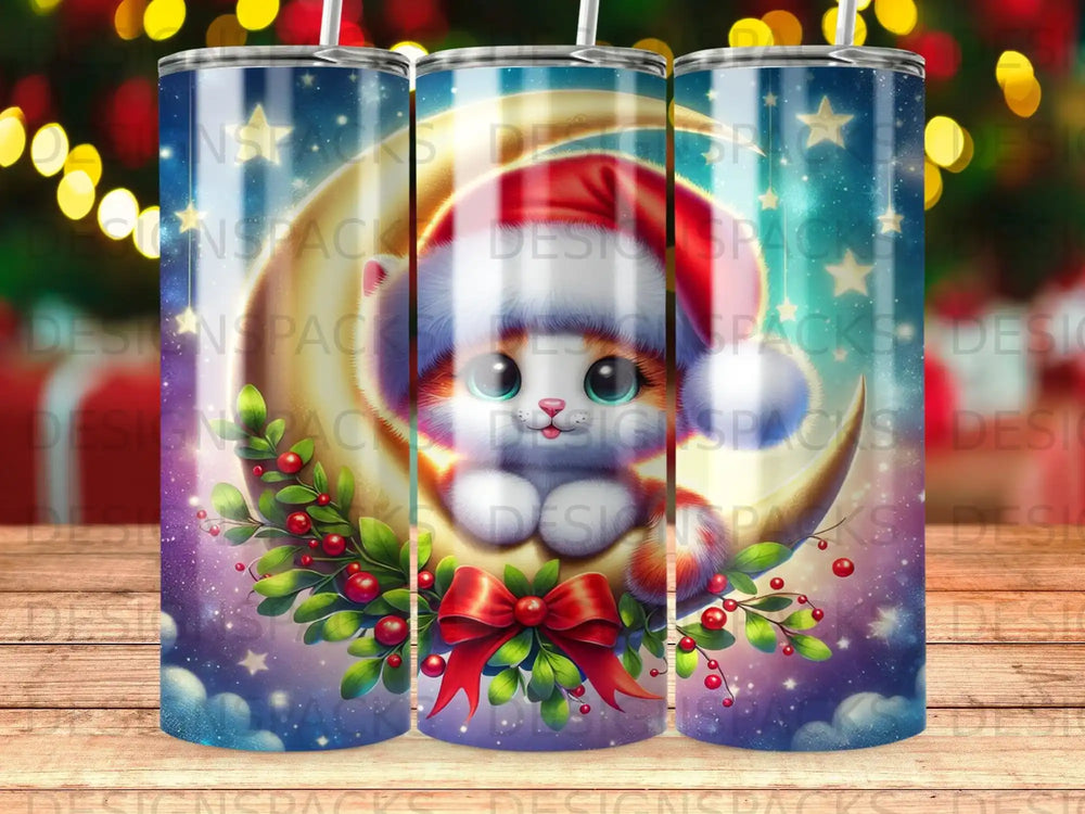 Cute cartoon cat in Santa hat on moon with festive berries and stars.