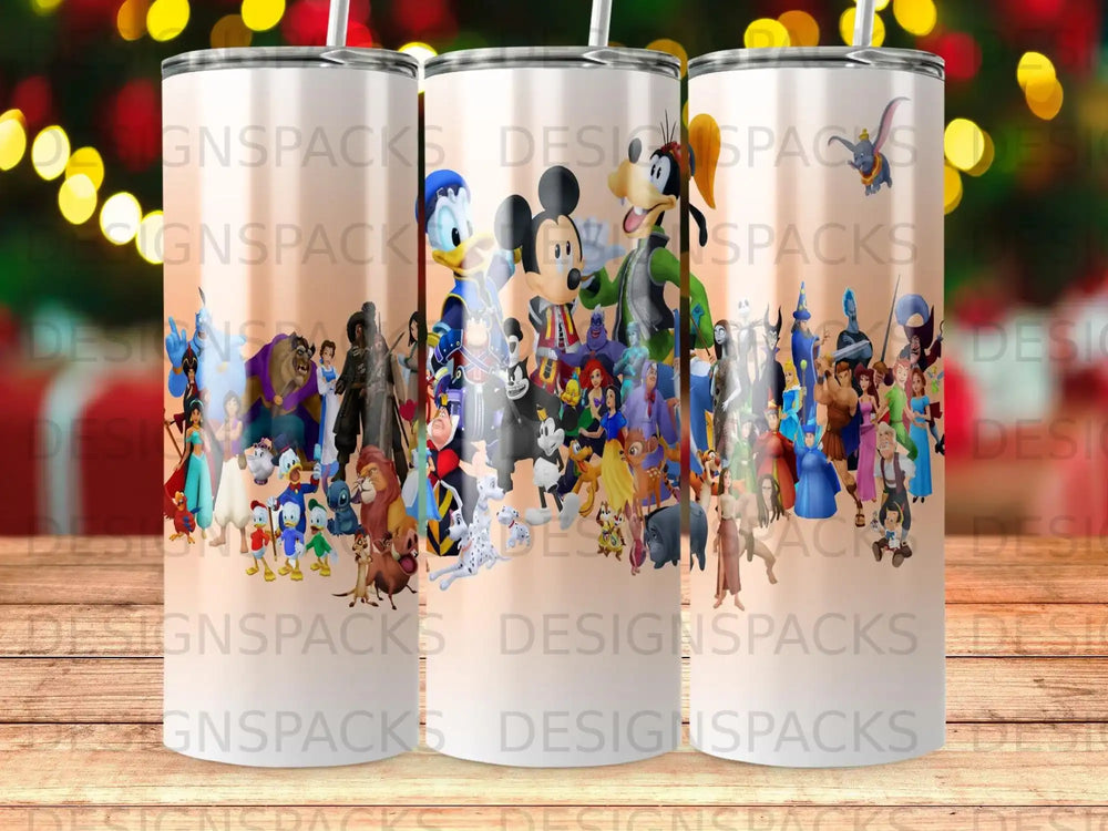 Collage of Disney characters on a white tumbler with "DESIGNSPACKS" watermark.