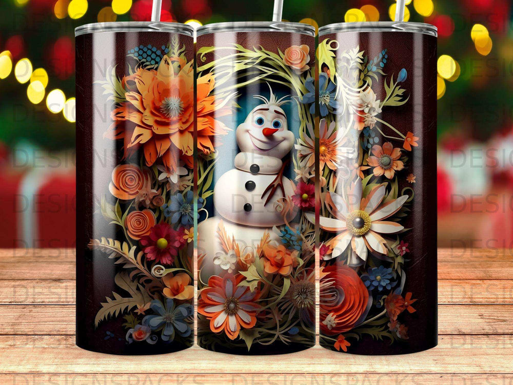 Olaf the snowman surrounded by vibrant floral elements on a dark background.