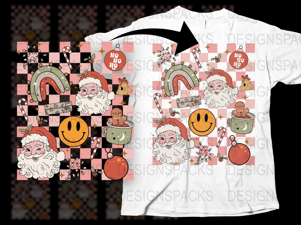 Festive Santa Claus and Reindeer Holiday Graphic T-Shirt, Colorful Christmas Tee, Cheerful Seasonal Apparel