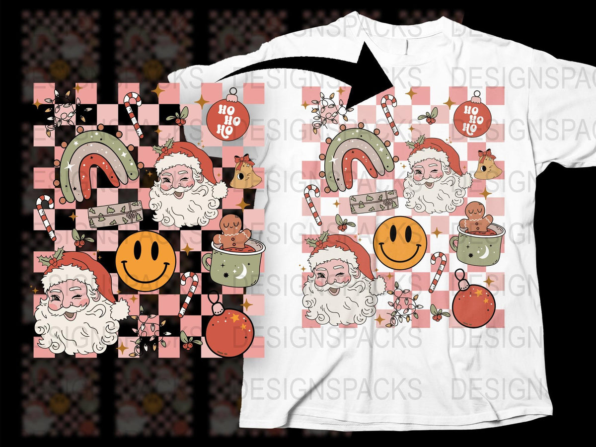 Festive Santa Claus and Reindeer Holiday Graphic T-Shirt, Colorful Christmas Tee, Cheerful Seasonal Apparel