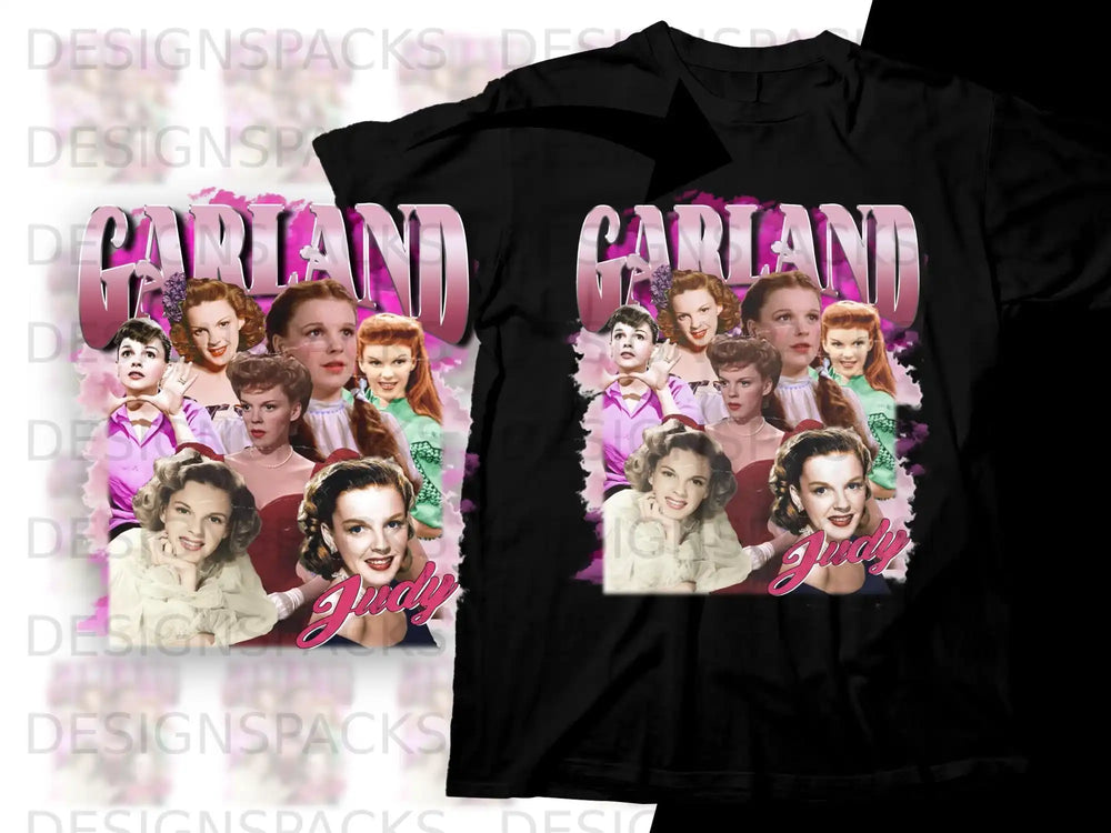 Judy Garland collage graphic on black t-shirt.