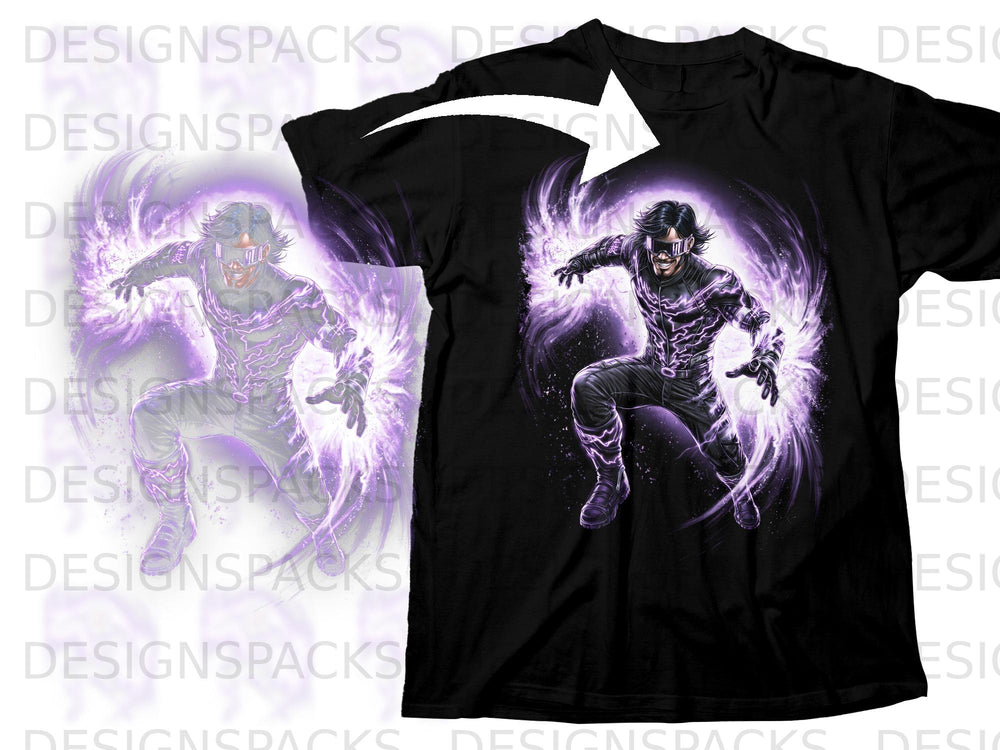 Black t-shirt with a graphic of a man with purple lightning energy.