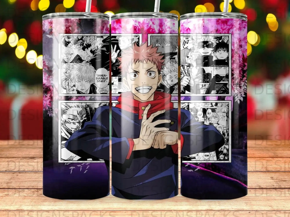 Anime character Yuji Itadori in mid-action, surrounded by manga panels and colorful graphics.