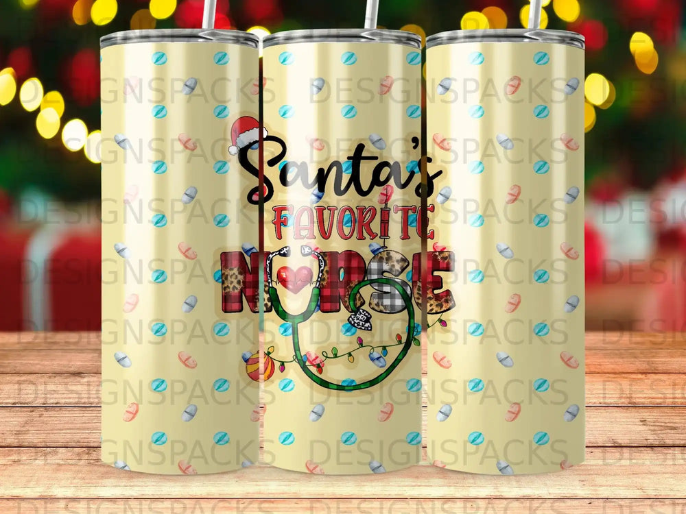 Santa's favorite nurse design on a tumbler with medical icons.