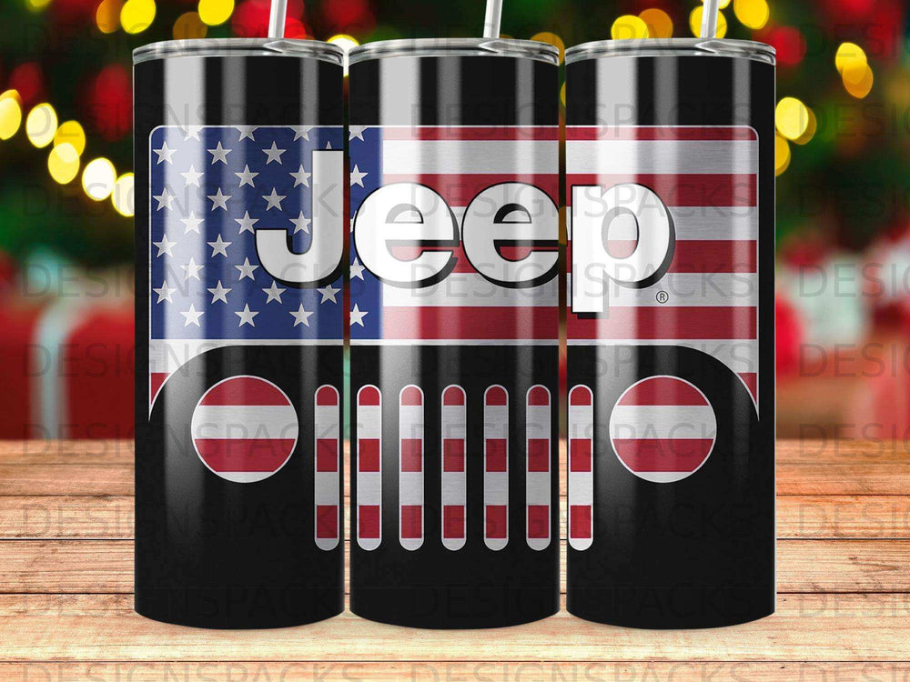 Jeep logo with American flag and grill on a black tumbler.