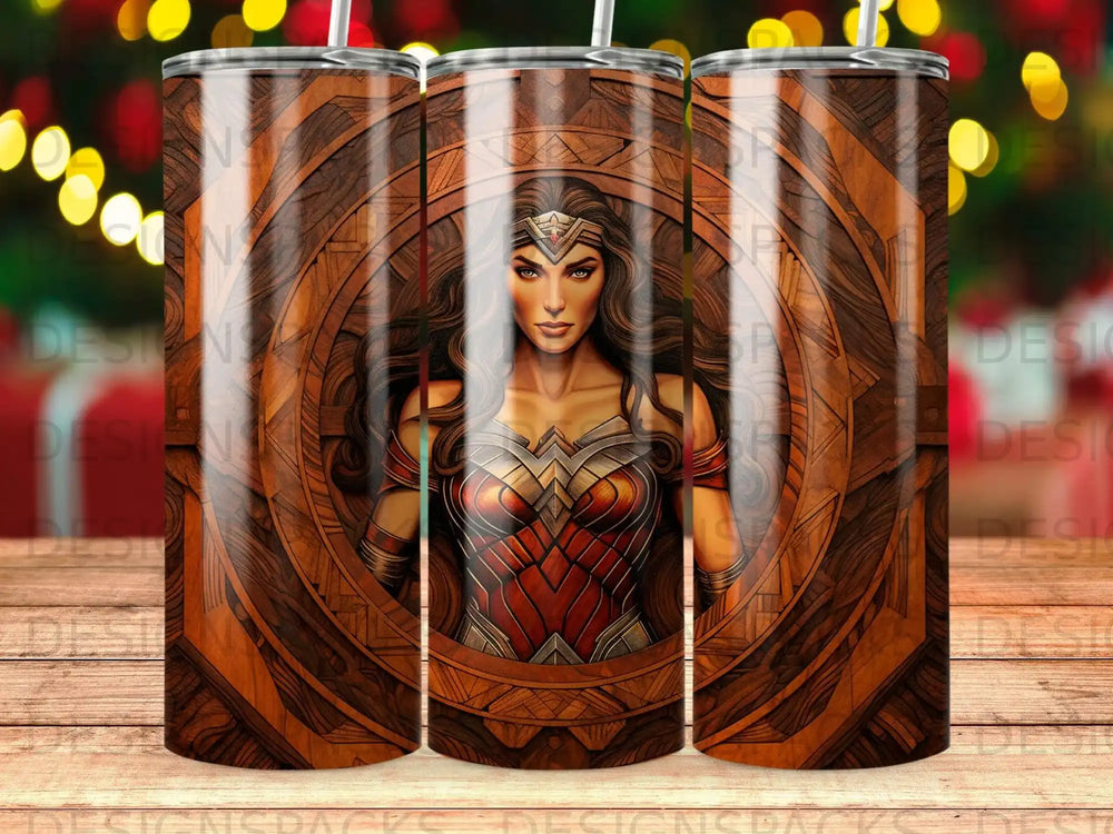 Wonder Woman portrait within a carved wooden circle.