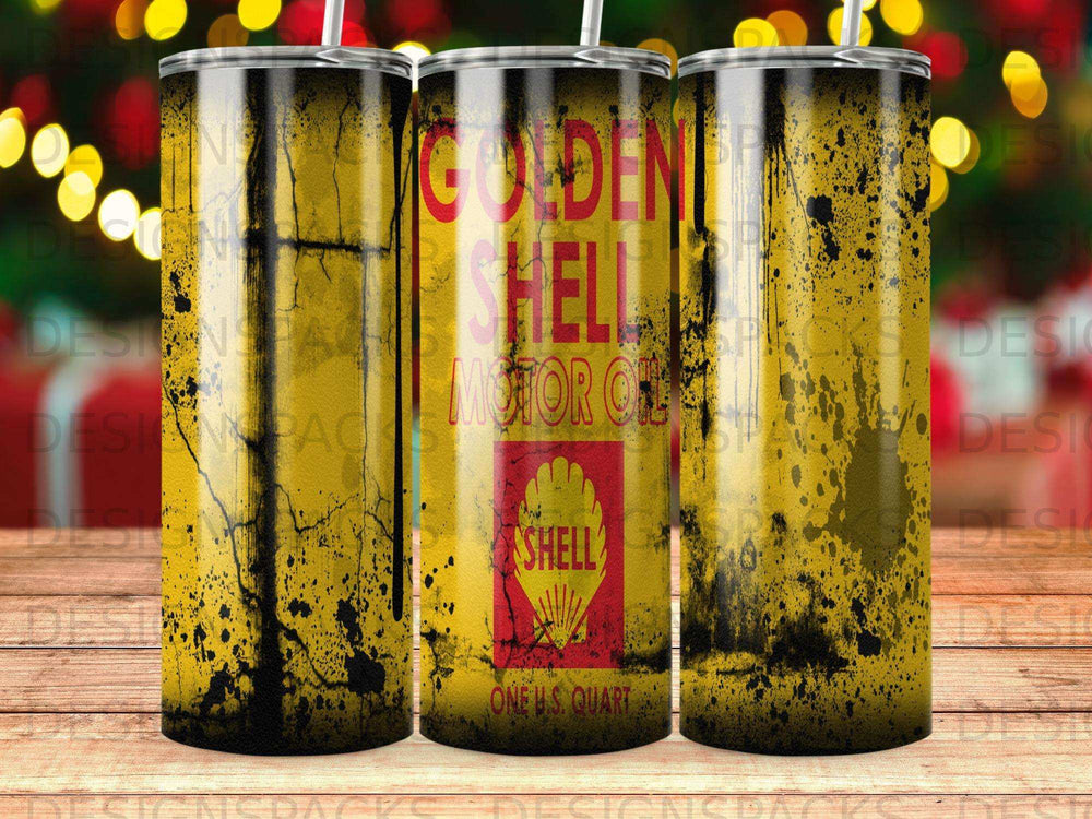 Golden Shell Motor Oil logo on a vintage-style tumbler.