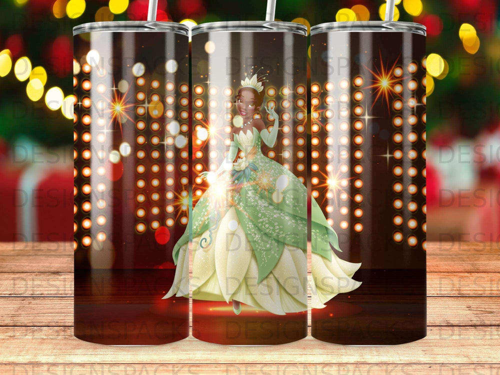 Green princess with crown and sparkly dress, lit by spotlights.