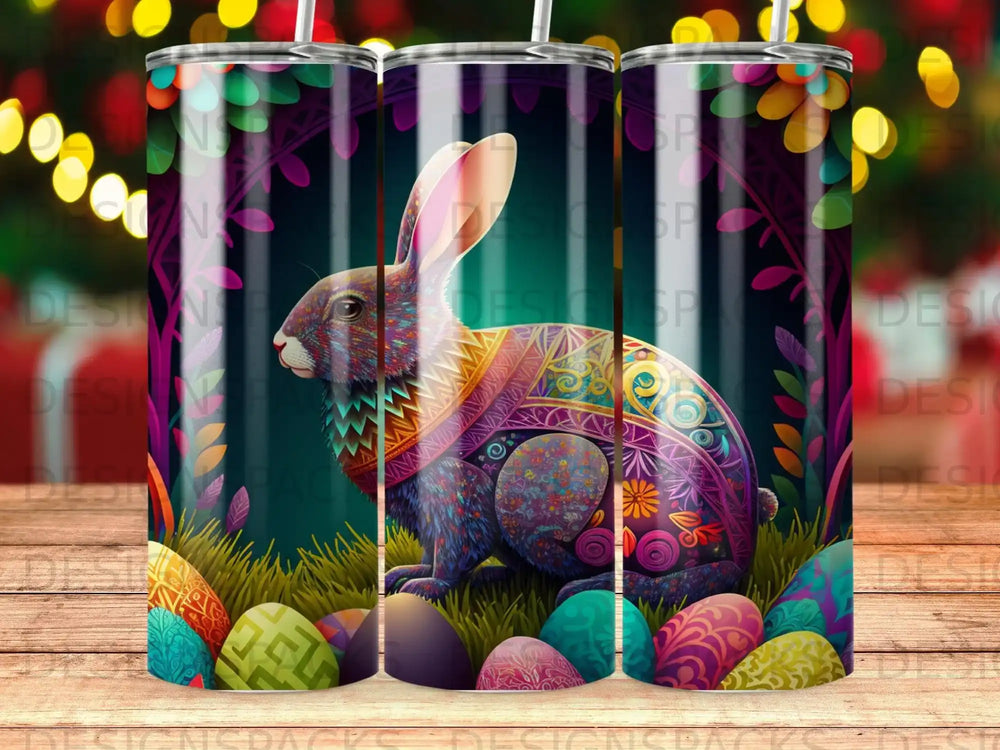 Colorful Easter bunny with patterned eggs and festive lights.