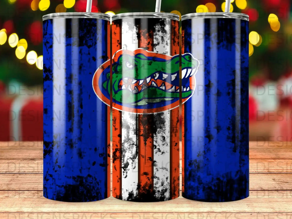 Florida Gators logo on a distressed blue and orange striped tumbler.