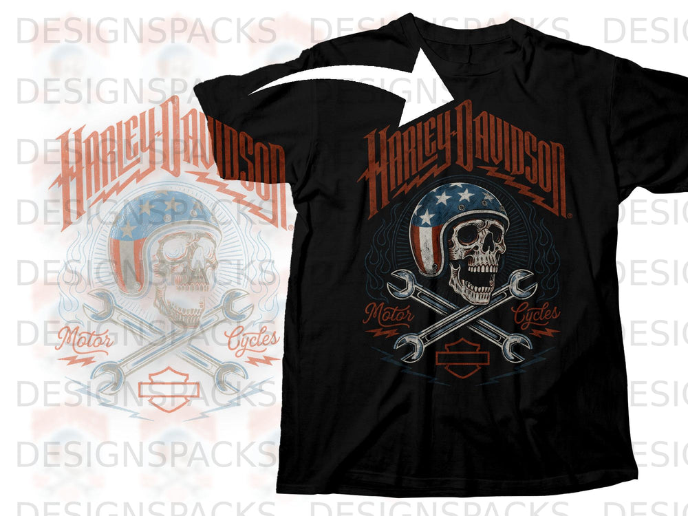 Black t-shirt with Harley Davidson skull graphic, wrenches, and American flag helmet.
