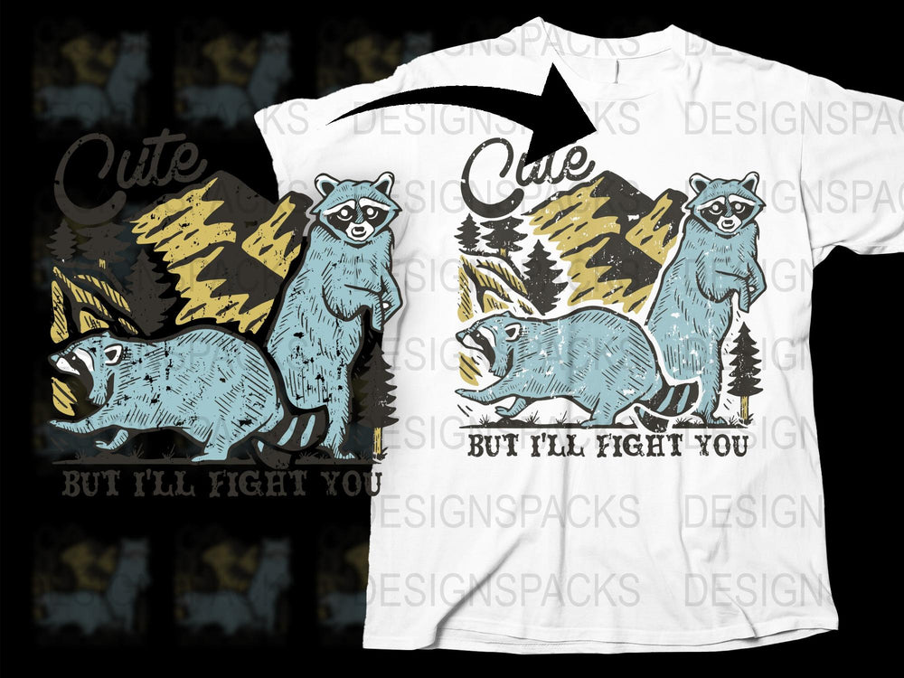 Cute But I'll Fight You Raccoon and Boar Graphic T-Shirt, Illustrated Woodland Animal Tee, Unique Wildlife Design Shirt for Nature Lovers