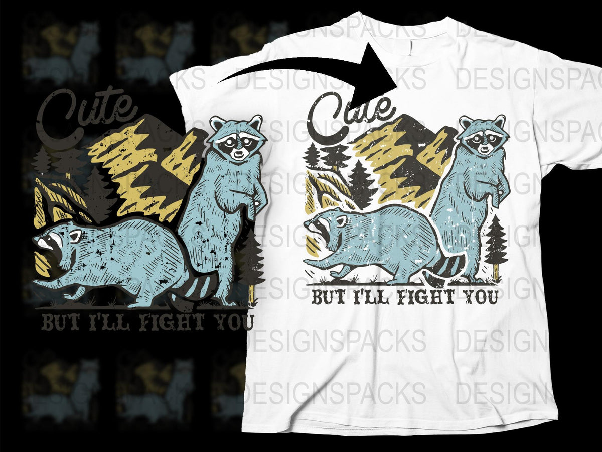 Cute But I'll Fight You Raccoon and Boar Graphic T-Shirt, Illustrated Woodland Animal Tee, Unique Wildlife Design Shirt for Nature Lovers