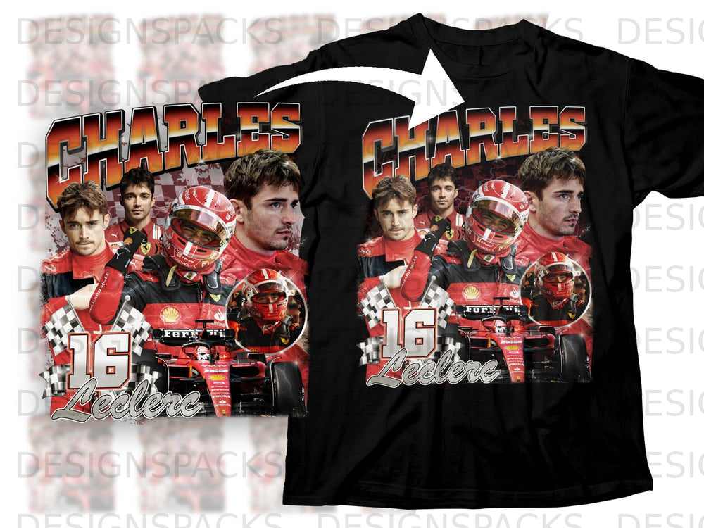 Charles Leclerc 16 F1 race car and checkered flags graphic t-shirt design.