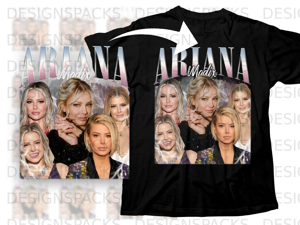 Collage of women with text "ARIANA Madix" on a black t-shirt.