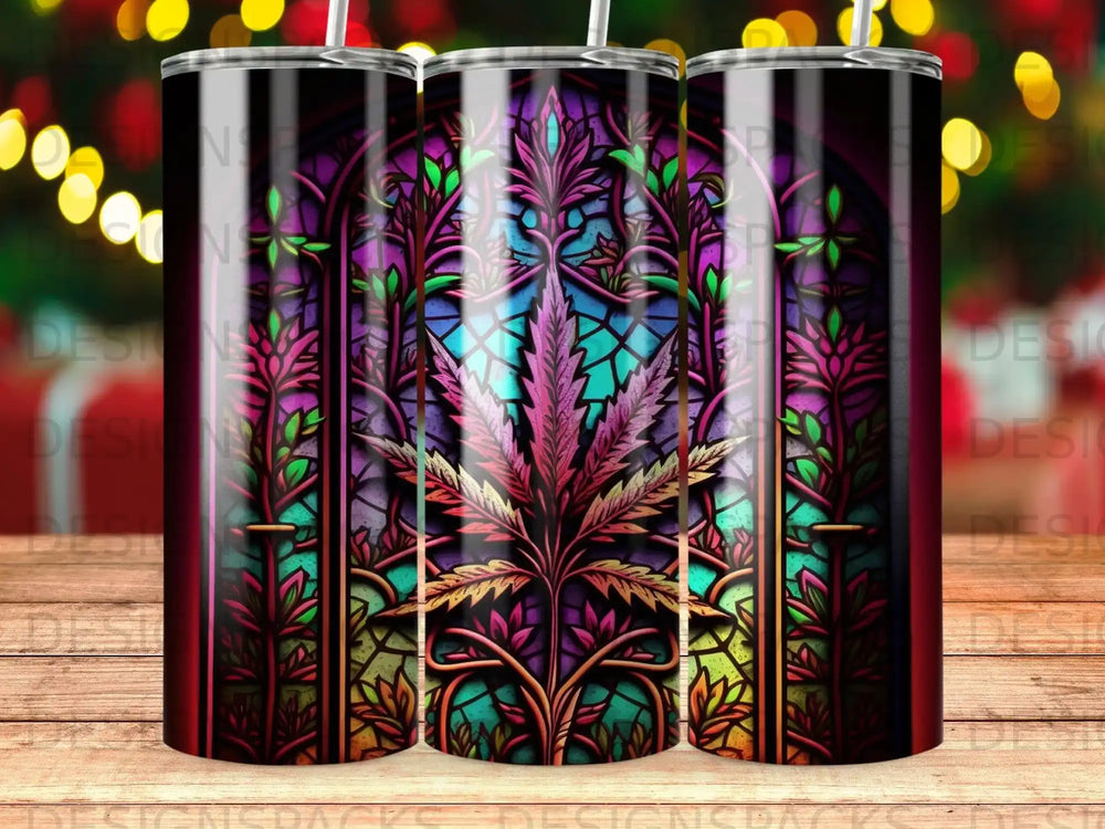 Stained glass design with a central cannabis leaf and ornate borders.