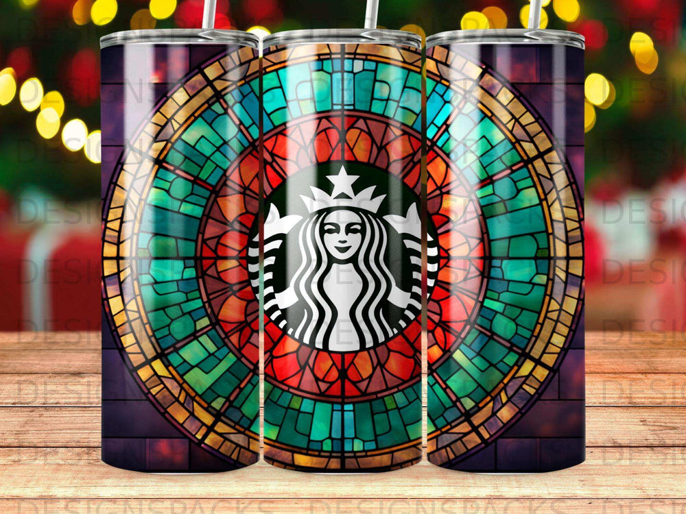 Starbucks siren logo within a stained glass window design.