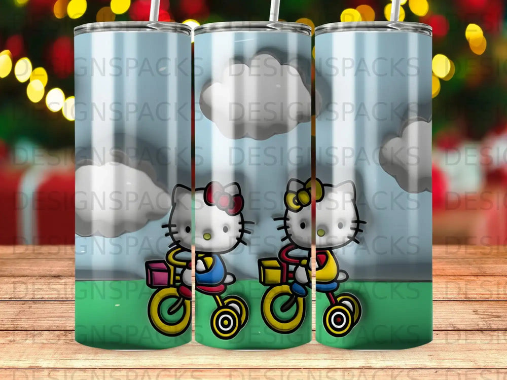 Three cartoon cats with yellow backpacks ride bicycles, with clouds in background.