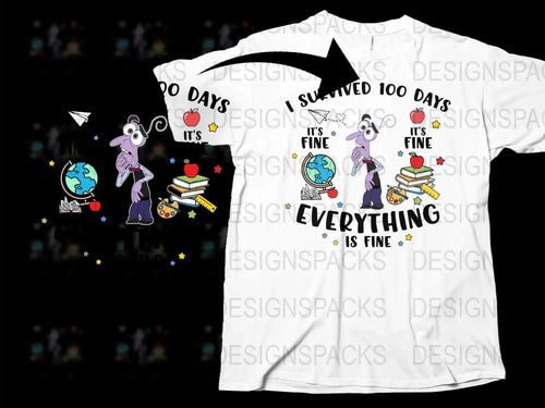 Funny Teacher T-Shirt, 100 Days of School Celebration, Cute Cartoon Characters, Educational Theme, White Crewneck, Unisex Fit