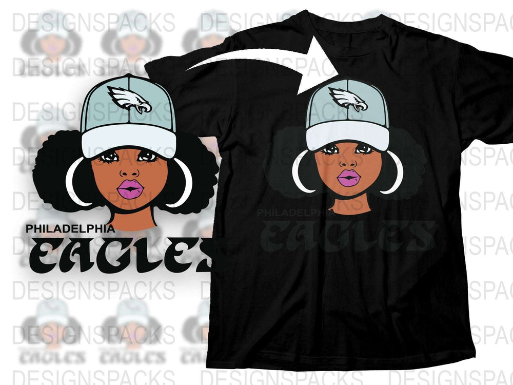 Philadelphia Eagles Fan Art T-Shirt, Afro Woman Print, Funky Cartoon Graphic Tee, Sports Apparel