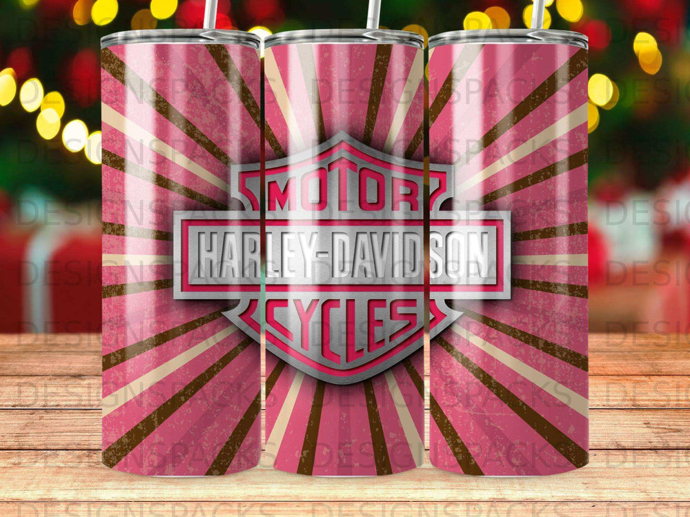 Harley-Davidson Cycles logo on a pink and brown striped tumbler.
