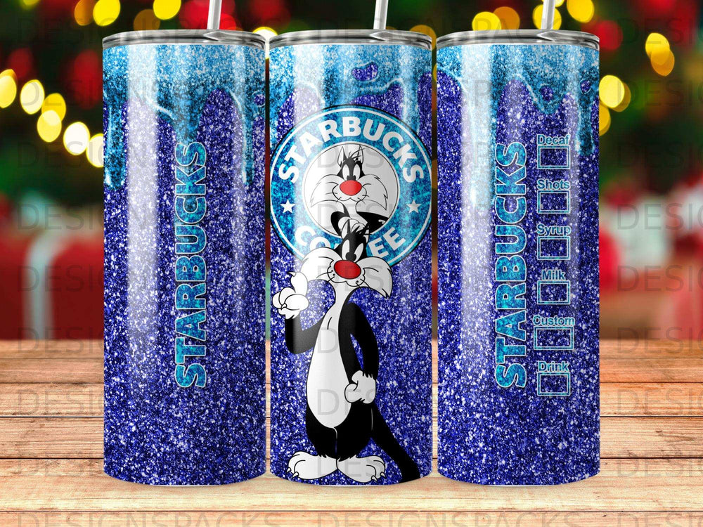 Starbucks tumbler with Sylvester the Cat and drink menu options.