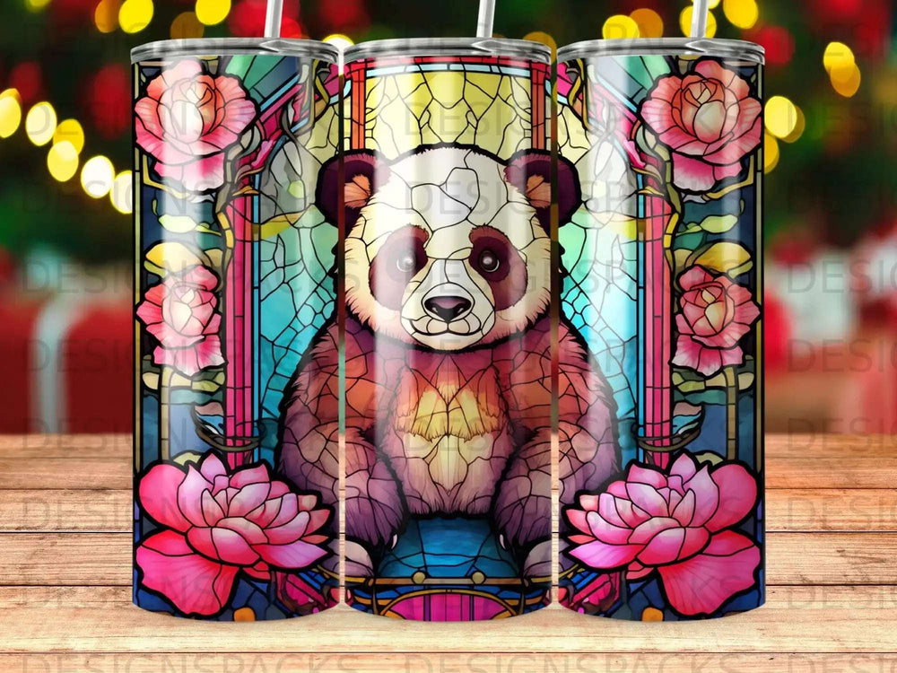 Panda framed by stained glass flowers and art deco style.