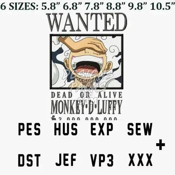 Luffy Wanted One Piece Anime Embroidery Design