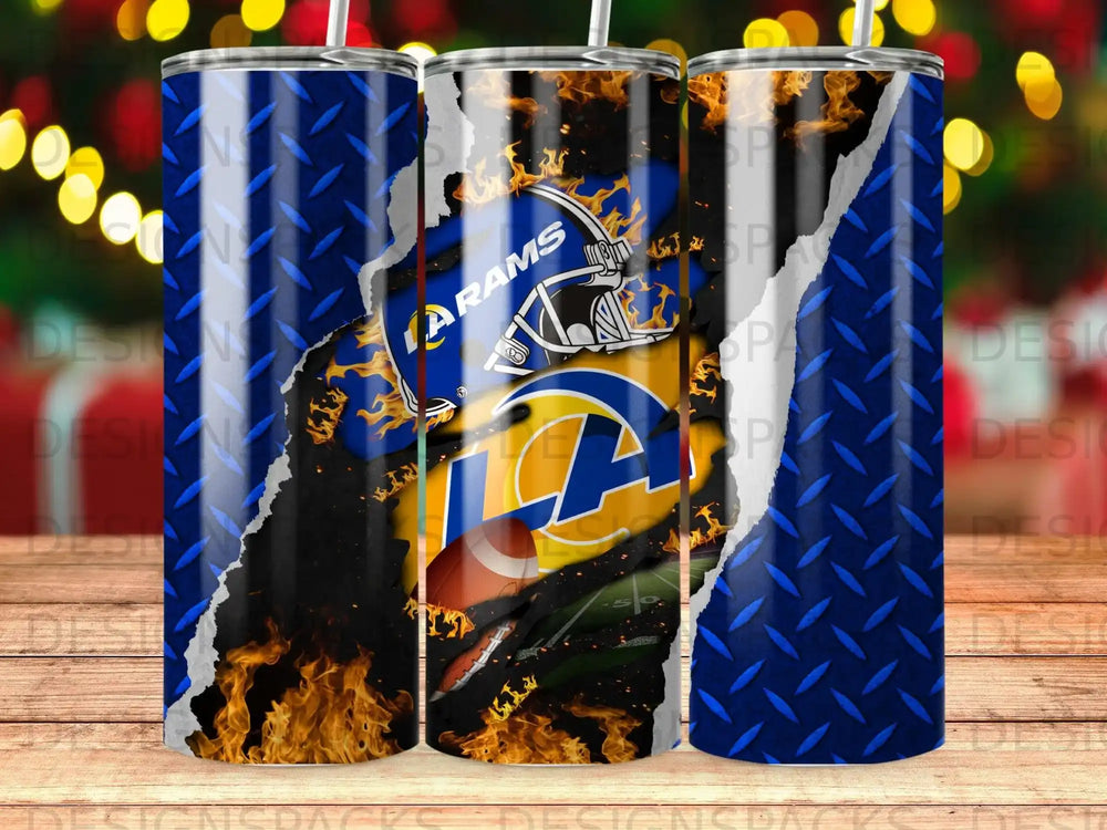 Los Angeles Rams football team logo with flames and ripped metal texture.