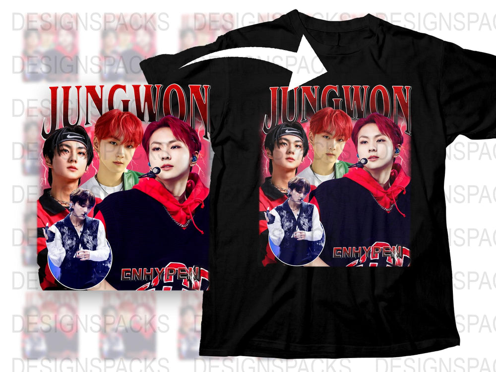 Jungwon Fan T-Shirt, K-Pop Idol Graphic Tee, Multiple Poses, Red Hair, Casual Fashion, Music Merch