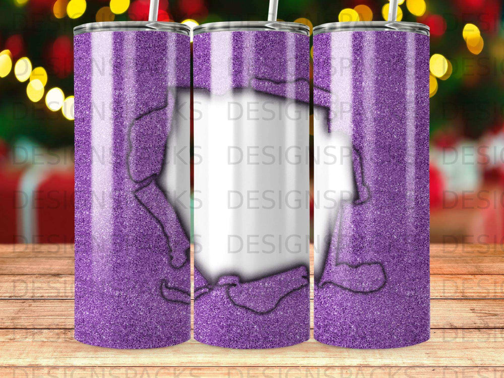 Purple glitter tumbler with striped pattern and white silhouette.