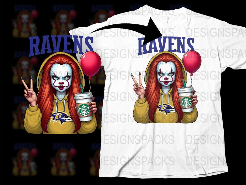 Horror Clown Graphic T-Shirt, Ravens Fan Apparel, Creepy Clown with Balloon and Coffee, Unique Halloween Costume Idea